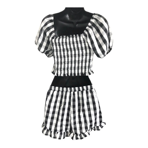 2pc black white checkered gingham ruffle hem smocked top printed shorts set - Picture 11 of 12